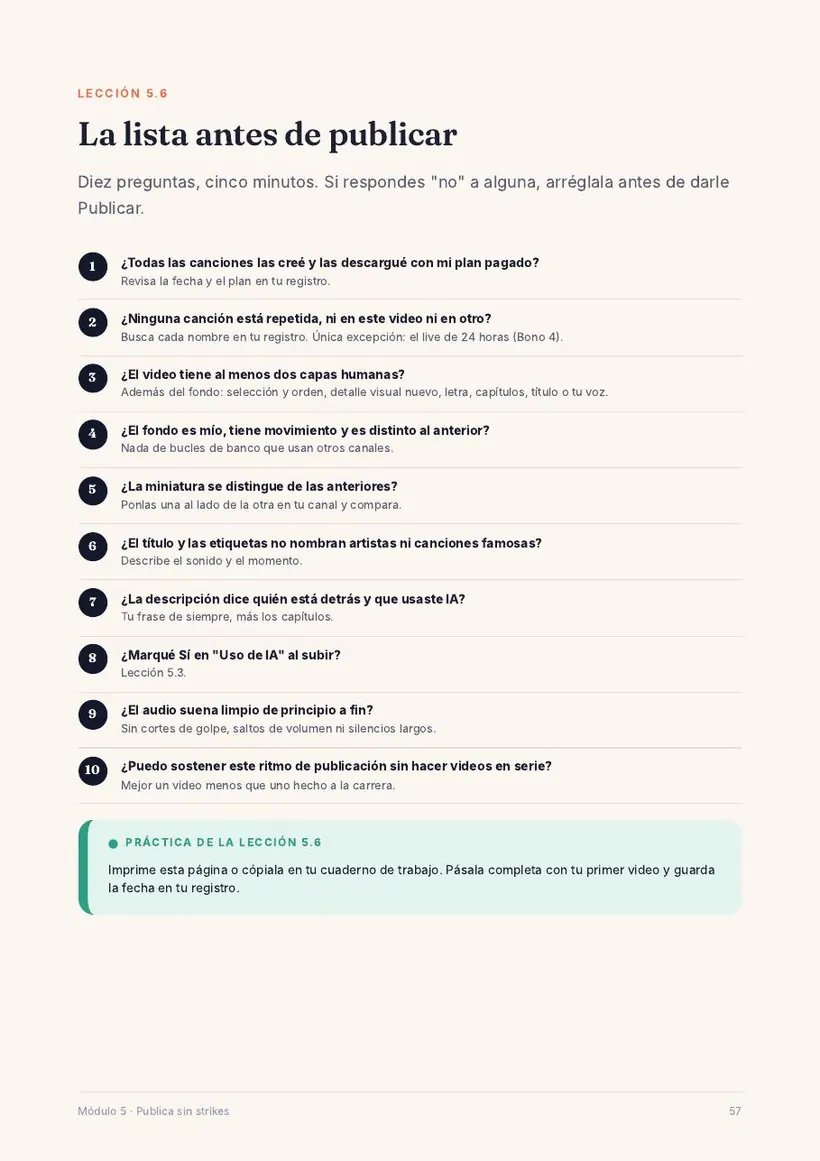 Página: lista antes de publicar