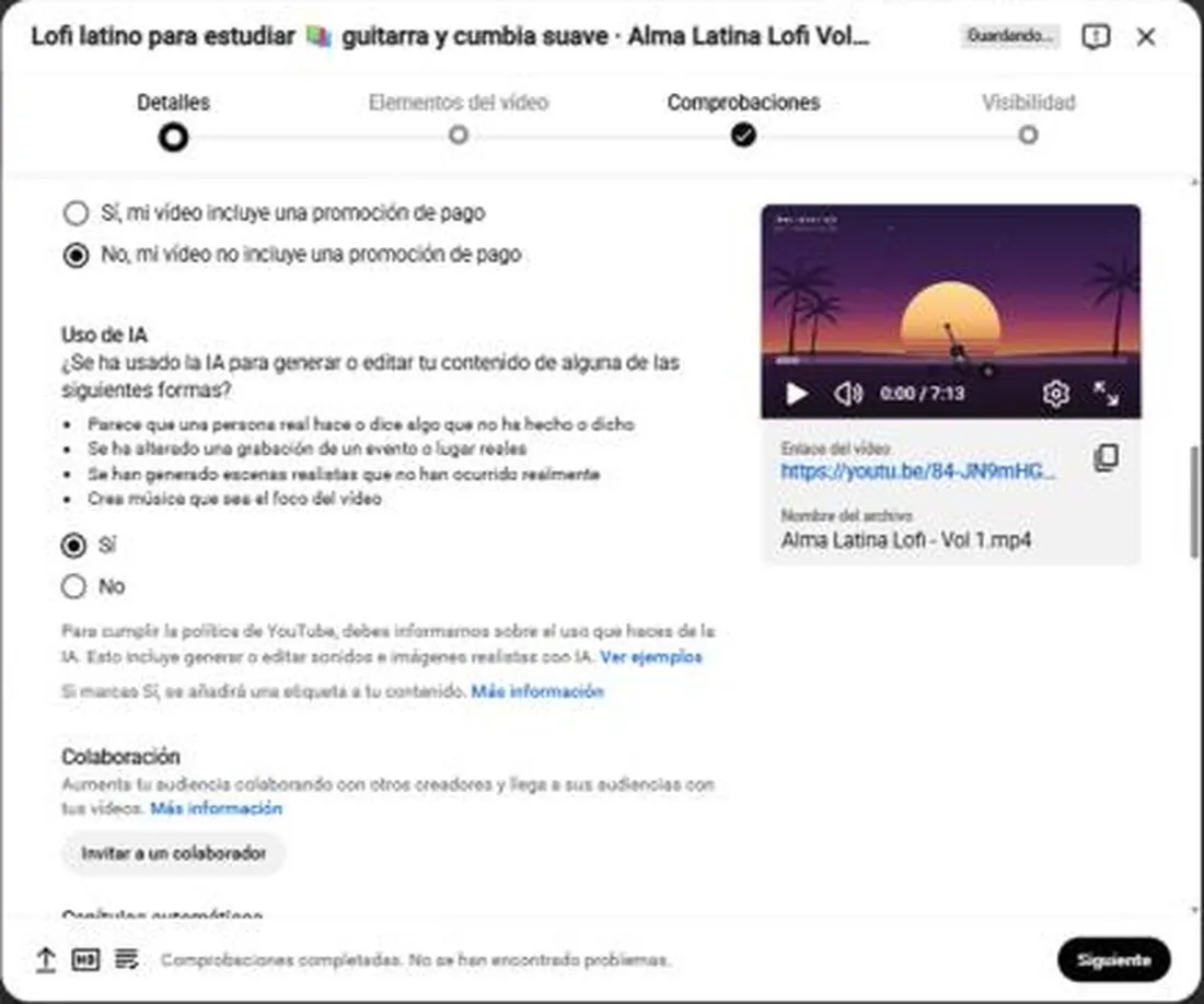 Pantalla de subida de YouTube con la declaración de uso de IA
